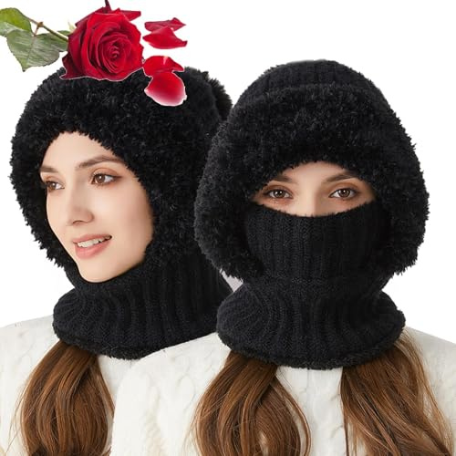 TAITUS Strickmütze für Damen im Herbst und Winter, 3-in-1-Kälteschutzmütze, warme Wintermütze für Damen, windabweisende Schalmütze mit Gesichtsmaske, kälte- und windabweisende (Black)