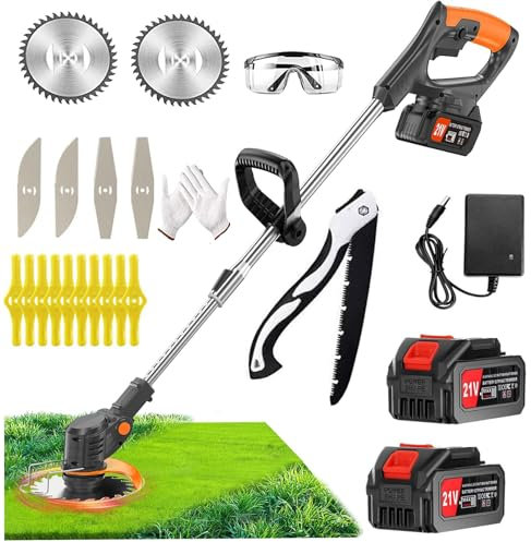 Decespugliatore a Batteria,Tagliabordi a Batteria 21V Decespugliatore Elettrico con Batteria e Caricatore, con 3 Tipi di Lame, Testata Regolabile e Maniglia Telescopica
