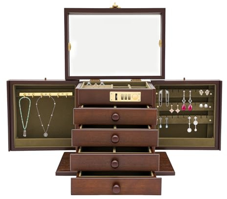 KiwiHood Rustikale Schmuckbox mit Kombinationsschloss, 5-Etagen Organizer Elegante Schmuckdose für Ketten, Ringe & Uhren, Sicherer Aufbewahrungsschrank mit Spiegel, Velvet-Futter