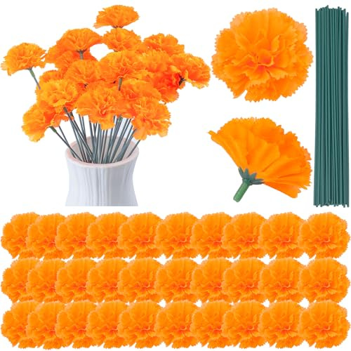 QCYFJZFU Künstliche Ringelblumen, orangefarbene Seidenblumenköpfe mit Eisenstielen für Diwali-Ringelblumen-Dekoration, Halloween, Party, Tag der Toten, Girlande, Hochzeitsdekoration, 30 Stück