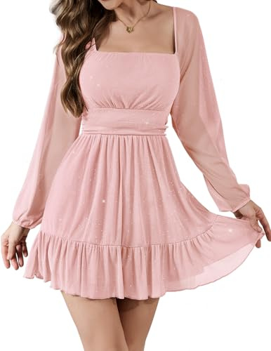 Bridesmay Women's Sparkly Lantern Sleeve Short Party Dresses 2026 Square Neck Flowy Mini Prom Dress