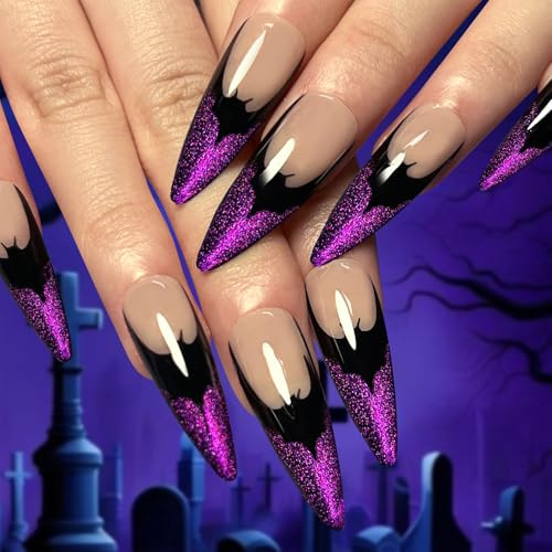 Black Bat Halloween Press on Nails 24PCS Extra Long Almond Fake Nails Purple Glitter French Tip Gothic Acrylic False with Adhesive Tools