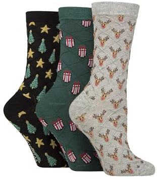 SockShop Wildfeet Ladies Christmas Socks Textured Knit Cotton Xmas Themed Novelty Patterned Crew Length Size 4-8 3 Pair Multipack (UK, Numeric, 4, 8, Regular, Regular, Rudolph/Presents/Trees)
