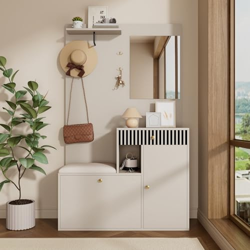 Lahoomu Garderobenset, Kompaktgarderobe, Flurgarderobe mit Spiegel und Polsterkissen, Flurschrank, Wohnwand, Regal, Flur- und Dielengarderobenpaneele, Schuhschrank Beige