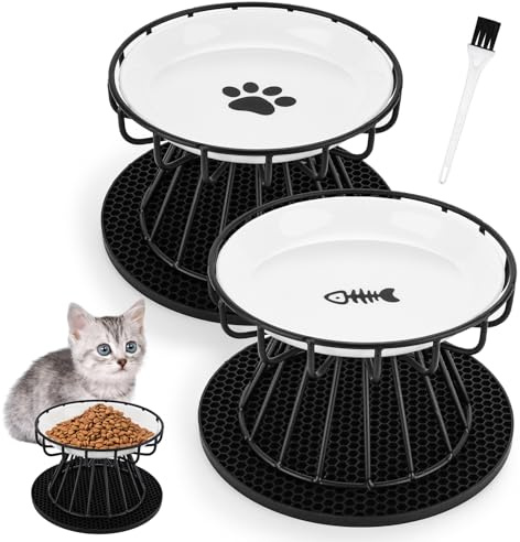 ZUSUZU Keramik Katzennapf Erhöht 2 Stück,15 cm Breite,Erhöhter Katzennapf aus Keramik,mit Napfunterlage Silikon Und Metallständer Und Bürste,Nackenschutz-Katzennapf,Cat Bowls for Food,Water（Schwarz）