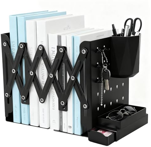 Serre-Livres Réglable en Métal Télescopique, Cale-Livres Extensible avec Porte-Stylo, 6 Crochets et Plateau, Base Antidérapante pour Bureau, Maison, École – Serre Livres Noir 49,5 cm