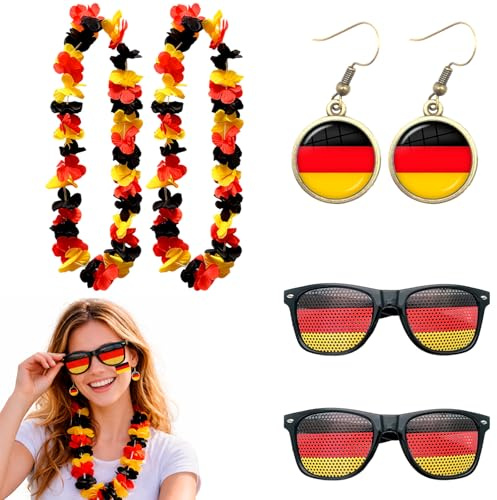 7 Teiliges Deutschland Fanartikel Set Für Fußball 2026, Fussball 2026 Fanpaket Mit 2 Blumenkette, 2 Sonnenbrillen, Ohrringe Und Gesichtssticker Schwarz Rot Gold Für Party Stadion Public Viewing