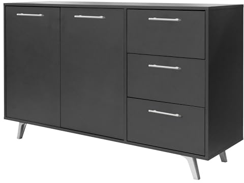 Masseno Kommode Elise 140 cm Sideboard mit 3 Schubladen und 2 Türen für Wohnzimmer Schlafzimmer Modern 140x41x86 cm Graphitfarben