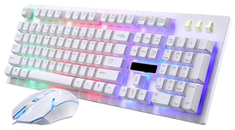 Générique Clavier et Souris Gamer Mécaniques Filaires Plastique Résistant, 104 Touches Design Anti-conflit Ensemble 1 Set Blanc pour Bureau et Maison
