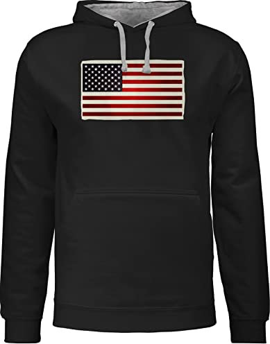 Shirtracer Pullover Herren Frauen Hoodie Kontrast zweifarbig - Kontinente - Flagge USA - S - Schwarz/Grau meliert - Amerika pullis American jh003 Flag Kapuzenpullover Hoody Damen