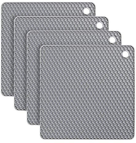 flintronic Silicone Table Mat, 4PCS Silicone Trivet Non-Slip, 18.5CM Honeycomb Kitchen Table Pad Multi-Purpose Hot Pads, Spoon Rest, Cooking & Dining (Square-Grey)