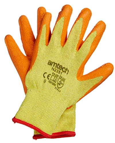 Amtech N2351 Rubber Palm Coated Builders Gloves Large (Size 9), Certified Quality for Heavy Duty Tasks, Yellow/Orange