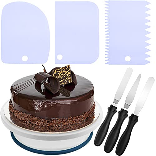 PrimeMatik - Base giratoria para tartas de 28 cm con 4 espátulas. Plataforma rotatoria de color blanco