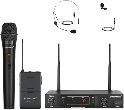 Phenyx Pro Wireless Microphone System, VHF Wireless Mic Set with Handheld/Bodypack/Headset/Lapel Mics, Stable Signal, Cordless Microphone for Singing, Karaoke, Church, DJ (PTV-1-1H1B)