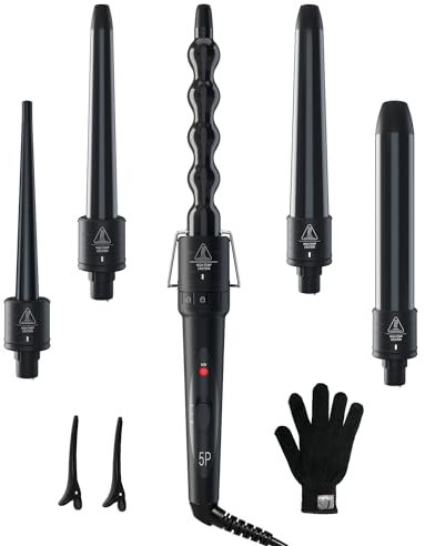 Hair Curler, Ohuhu 5 in 1 Curling Wand, Hair Curler Wand 9-32mm Interchangeable Ceramic Barrel Heat Protective Glove 2 Clips Dual Voltage, Hair Curlers Gift for Women