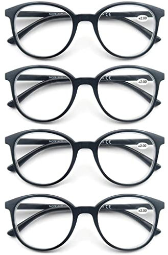 4-Pack Reading Glasses Fashion Printed for Men Women,Readers Glasses Round Frame Comfort Spring Hinges,Eyeglasses Light Weight (4 Black)