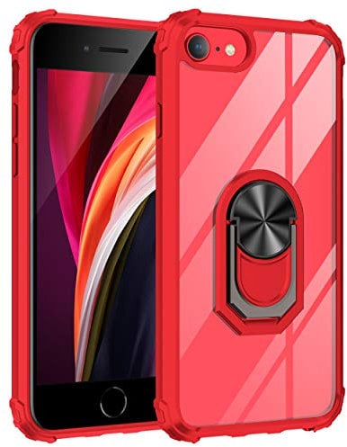 UEEBAI Case for iPhone SE 2020 iPhone 7 iPhone 8 iPhone 6 iPhone 6S, Acrylic Crystal Clear Ring Holder Case Ultra Slim Shockproof TPU Bumper Hard PC Case Rotatable Ring Kickstand Cover - Red