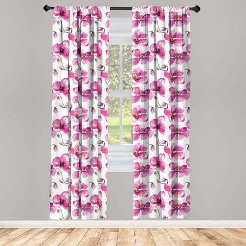 ABAKUHAUS Acquerello Tenda a Pannello Set di 2, Orchidee Feng Shui, Trattamento della Finestra per Stanza e Camera da Letto, 150 cm x 245 cm, Arancio Pallido Fucsia