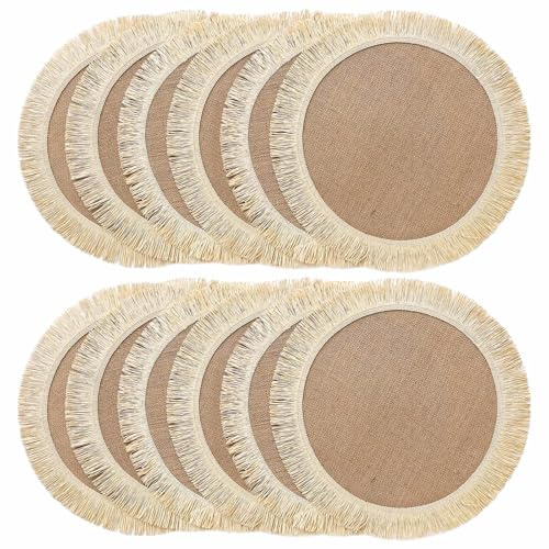 FunWheat Runde geflochtene Tischsets aus Jute, Set mit 12 Stück, für Esstische, 38,1 cm, hitzebeständig, Jute-Tischsets, Bauernhaus, gewebter Stoff, natürliche Platzsets zur Dekoration mit Quaste