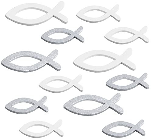 FEPITO 120 Stück Holz Fisch Deko Silber Weiß Fische Streudeko Tischdeko für Taufe, Kommunion und Konfirmation (3,5cm-5cm Gemischte