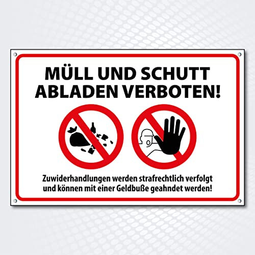 Hochwertiges Schild aus Alu-Dibond mit UV-Schutzlackierung MÜLL UND SCHUTT ABLADEN VERBOTEN 200 x 300 mm rechteckig | Müll Abladen verboten | aus wetterfestem Alu-Dibond