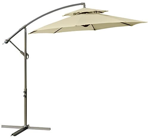 Outsunny 2.7m Garden Banana Parasol Cantilever Umbrella with Crank Handle, Double Tier Canopy and Cross Base for Outdoor, Hanging Sun Shade, Beige