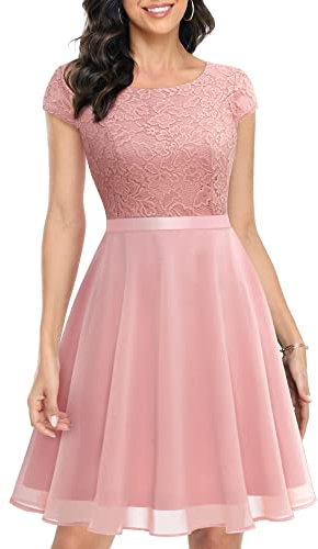 UOTORI Damen Spitzenkleid Brautjungfer Elegant Party Knielang Cocktailkleid Abendkleid Brautkleid Blush M