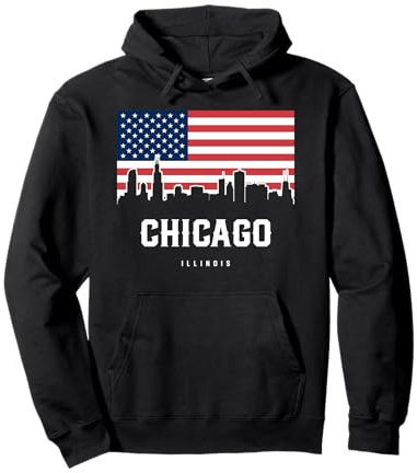 Chicago Skyline + USA Amerikanische Flagge, United Love Strong IL Pullover Hoodie