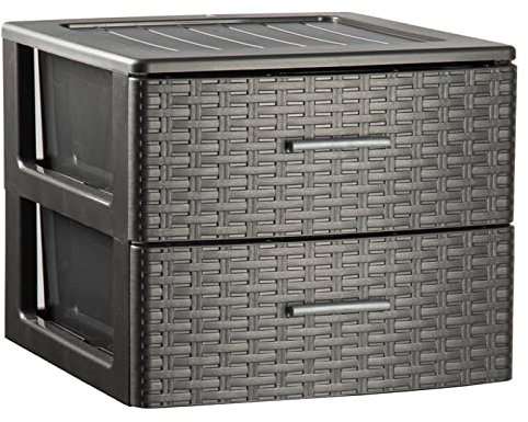 Acan Tradineur - Cajonera de ordenación Rattan de plástico - 2 cajones - Torre de almacenaje Multiusos, Organizador Auxiliar, Almacenamiento, baño - 31,5 x 36,5 x 36,5 cm - Color Antracita