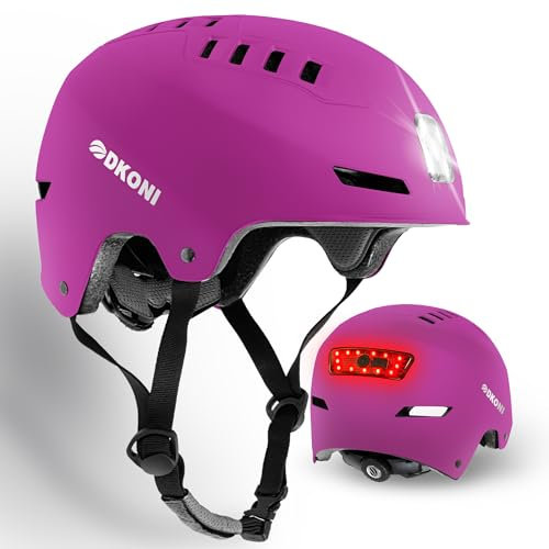 DKONI Casco da bici con luci a LED, casco da bicicletta per pendolari, ricaricabile tramite USB, casco anteriore e posteriore con luce a LED, per adulti, uomini e donne (rosa, L: 56-61 cm)