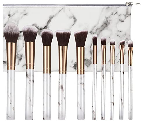 Ensembles de Pinceaux de Maquillage en Marbre Professionnels Brosse Cosmétique pour Poudre Libre, Contours, Ombres, Ombres à Paupières et Fond de Teint, avec Sac en Cuir PU 10 Pièces (Blanc)