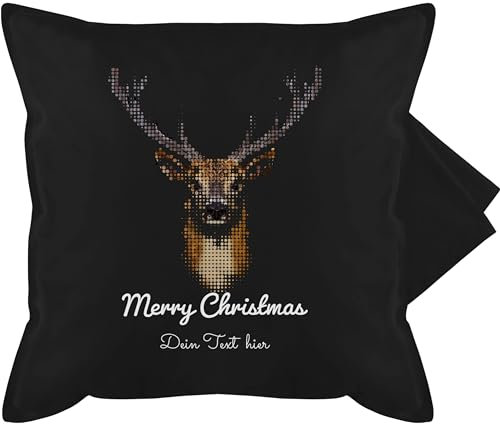 Kissenbezug - Weihnachtskissen Christmas Geschenke - Pixel Hirsch mit Wunschtext - 50 x 50 cm - Schwarz - weihnachtliche kissenbezüge weihnachtsmotive kissenhüllen Weihnachten Merry bezug