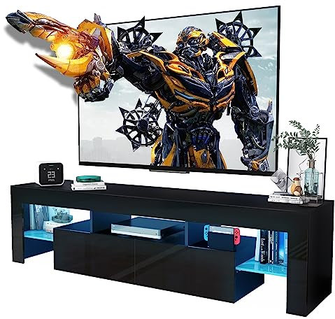 CFTEL Black TV Stand, 60 65 70 75 inch Wood TV Stand, High Glossy Entertainment Center with Large Drawers&Glass Display Shelf, LED Modern Media Gaming Cabinet TV Console for Livingroom, Bedroom