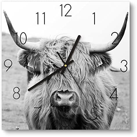 DEQORI Glasuhr | 30x30 cm | Motiv Zotteliges Hochlandrind | ausgefallene leise Design Uhr aus Glas | Wanduhr für Wohnzimmer & Küche | moderne Hingucker Uhr für die Wand