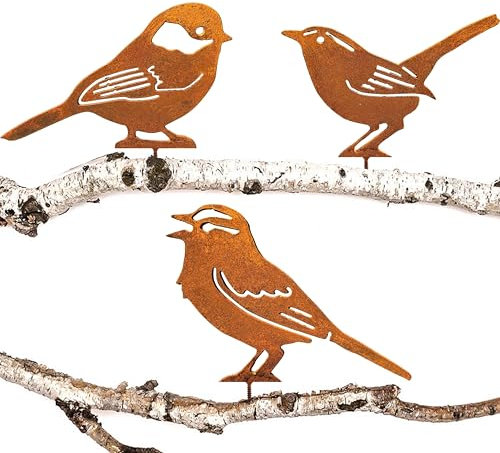 JYUECIAN Vögel Gartenstecker Rost Deko Gartendeko für Draußen, Edelrost Metall Vögel Roststecker Baumstecker - Meise, Zaunkönig, Haussperling