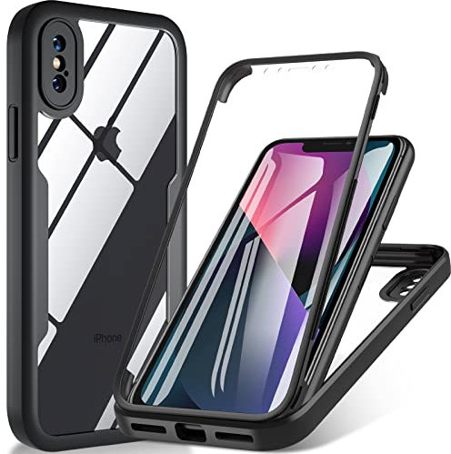 OWKEY for iPhone X Case, iPhone XS Case, [Military Grade Drop] 360° Full Body Shockproof Bumper Case with Built-in Soft PET Screen Protector, Rugged Cover Phone Case for iPhone X|XS 5.8 inch, Black