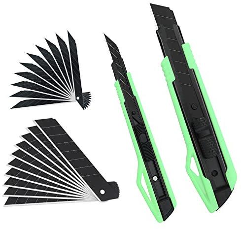 MANUFORE 2 Stück Cuttermesser Set 9mm und 18mm, 30 Grad Cuttermesser Grün mit 20pcs SK5 Schwarz Abbrechklinge, Schneiden zum Papier,Karton,Basteln und Tapete