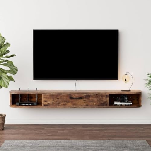Pmnianhua Floating TV Unit, Wall Mounted TV Cabinet, Floating Shelves with Door, Modern Entertainment Media Console Center Large Storage TV Bench for Living Room & Office (120cm, Rustic Brown)