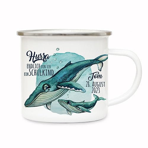ilka parey wandtattoo-welt Emaille Becher Einschulung Tasse Trinkbecher Wal mit Kind Spruch Hurra endlich Schulkind Wunschname + Datum Geschenk eb704