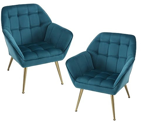 chairus 2er Set Gepolsterter Armlehnensessel Samt Einzelsofa Loungesessel für Wohnzimmer Modern Armlehnstuhl mit Metallbeinen (Blau-2)