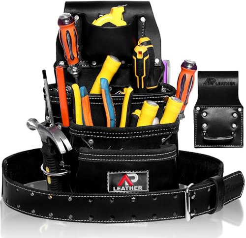 Ap Leather Pro-015 Leather Tool Pouch for Construction,Heavy Duty Hammer Holder,Buckle,3 Pocket Large with Belt, 12 Small Pocket, Tool Organizer