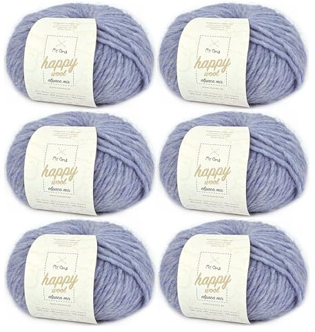 Alpaka Wolle zum Stricken -6x Happy Wool alpaca mix alpinblau (Fb 42)- 6 Knäuel Wolle blau + GRATIS Label; Wolle mit Alpaka; 50g/80m; Nadelstärke 7-8mm; Wolle zum Stricken; blaue Wolle