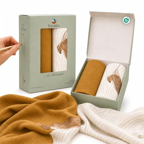 Bavella - Set di 2 coperte e panno XXL in mussola (certificato Öko-Tex), 100% cotone (120 x 120 cm) – panni per sputare, panno in mussola per ragazzi e ragazze, pannolini di garza sostenibili