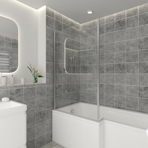 NRG 810 x 1400mm L Shaped Bath Screen with Fixed Return Chrome Framed | Chrome Framed Safety Glass, Shower Screen, Waterproof, Easy to Clean, Anti Rust, Durable, Wet Room