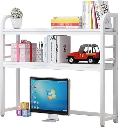 Bücherregal mit 2 Etagen, verstellbarer Schreibtisch-Aufbewahrung, Organizer, Regal, Präsentationsregal, Schreibtisch-Bücherregal aus Holz und Metall, für Computertisch (Farbe: A, Größe: 95 cm)