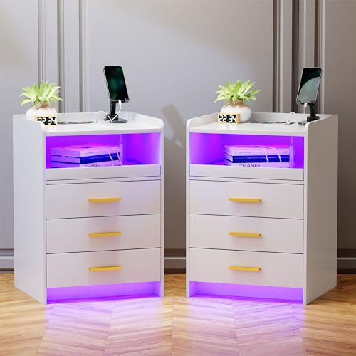 Lvifur Nachtschrank 2er Set mit Beleuchtung Ladefunktion,Smart Led Nachttisch mit 24 Farben Dimmbar, Sideboard mit 3 Schubladen USB Type-C Automatischer Sensor Schlafzimmer Weiß