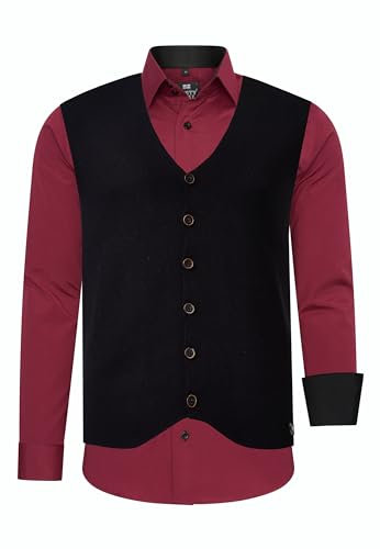 Rusty Neal Herren-Hemd-Weste 2er Set Premium Slim Fit Langarm Stretch Kontrast Hemd mit Weste Business-Hemden Freizeithemd 44_412, Größe:6XL, Farbe:Bordo