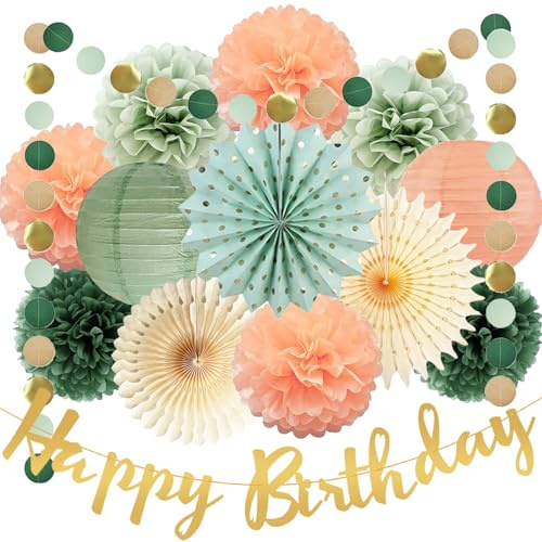 Sage Green and Peach Birthday Decorations - Olive Tissue Paper Pom Poms, Paper Lanterns, Gold Happy Birthday Banner for Sage Green Peach Baby Shower Girls Women Birthday Party Decoration