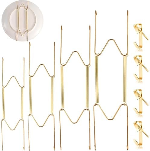CSLGDMAI 4 PCS Plate Hangers for The Wall,Plate Hanger W Shaped Spring Hook Holder,6/8/10/12 Inch Plate Hangers with 4 Pieces Decorative Wall Hooks for Decorative Plates and Art (Glod)