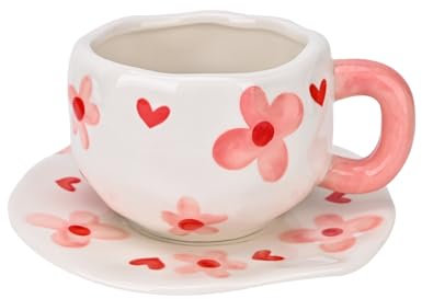 Koythin Ceramic Coffee Mug with Saucer Set, Cute Creative Pink Flower Cup Unique Irregular Design for Office and Home, 10 oz/300 ml for Latte Tea Milk